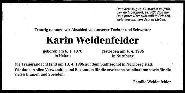Weidenfelder Karin 1970-1996 Todesanzeige